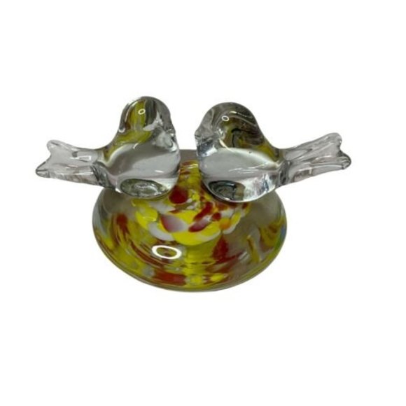 Other - Double Blue Bird of Happiness Glass Clear Yellow Red Swirl  Paperweight